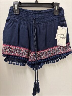 Harmony Navy High-Waist Pom Pom Embroidered Shorts. New with tags.